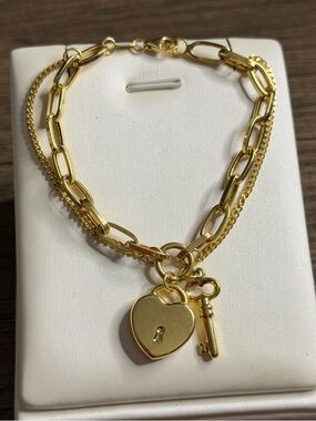Real 18k Gold Heart Lock & Key Charm Bracelet